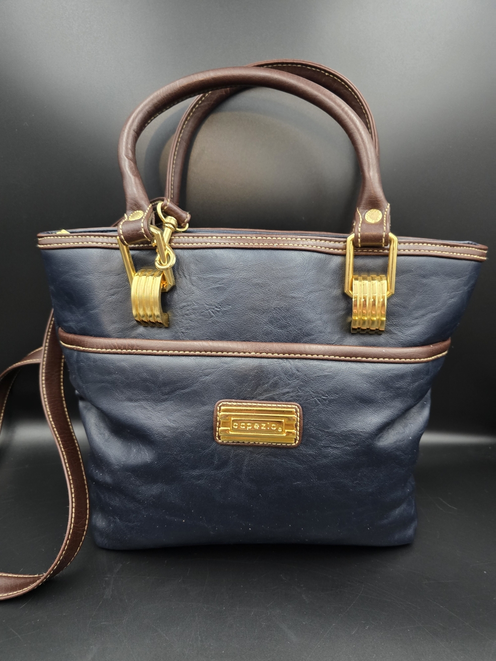 Navy Leather Tote with Gold Hardware